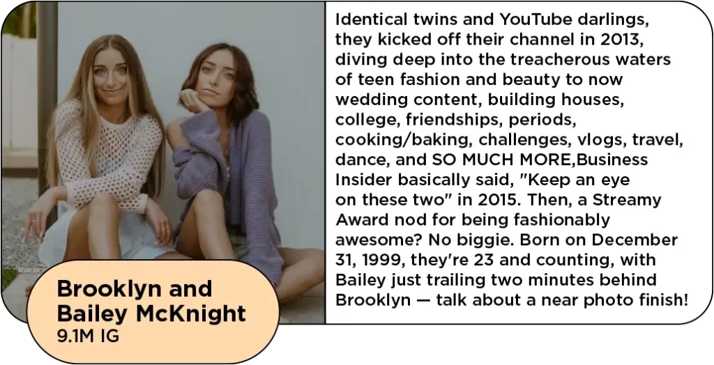 Twin young women sit facing the camera next to the text: Identical twins and YouTube darlings, they kicked off their channel in 2013, diving deep into the treacherous waters of teen fashion and beauty to now wedding content, building houses, college, friendships, periods, cooking/baking, challenges, vlogs, travel, dance, and SO MUCH MORE,Business Insider basically said, "Keep an eye on these two" in 2015. Then, a Streamy Award nod for being fashionably awesome? No biggie. Born on December 31, 1999, they're 23 and counting, with Bailey just trailing two minutes behind Brooklyn — talk about a near photo finish! 