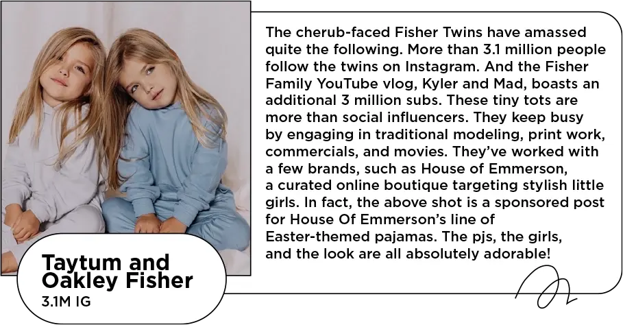 Photo of sibling influencers and young twin girls next to the text: The cherub-faced Fisher Twins have amassed quite the following. More than 3.1 million people follow the twins on Instagram. And the Fisher Family YouTube vlog, Kyler and Mad, boasts an additional 3 million subs.These tiny tots are more than social influencers. They keep busy by engaging in traditional modeling, print work, commercials, and movies. They’ve worked with a few brands, such as House of Emmerson, a curated online boutique targeting stylish little girls. In fact, the above shot is a sponsored post for House Of Emmerson’s line of Easter-themed pajamas. The pjs, the girls, and the look are all absolutely adorable!