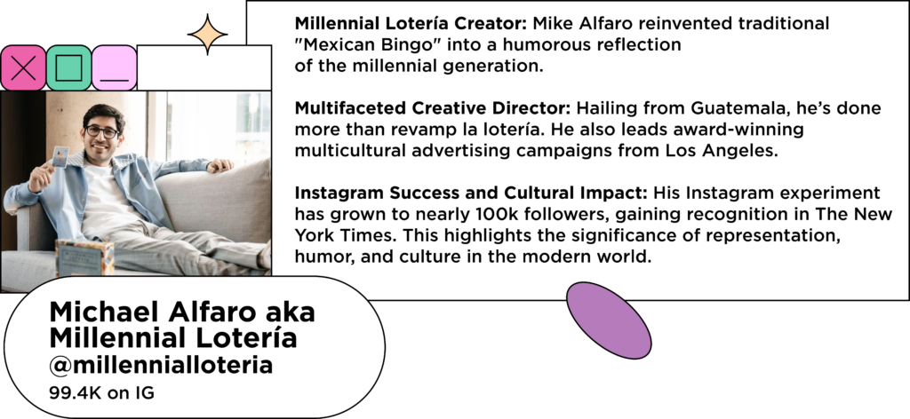 Latin influencer sitting on couch holding up game card next to text: Millennial Lotería Creator: Mike Alfaro reinvented traditional "Mexican Bingo" into a humorous reflection of the millennial generation.
Multifaceted Creative Director: Hailing from Guatemala, he’s done more than revamp la lotería. He also leads award-winning multicultural advertising campaigns from Los Angeles.
Instagram Success and Cultural Impact: His Instagram experiment has grown to nearly 100k followers, gaining recognition in The New York Times. This highlights the significance of representation, humor, and culture in the modern world.