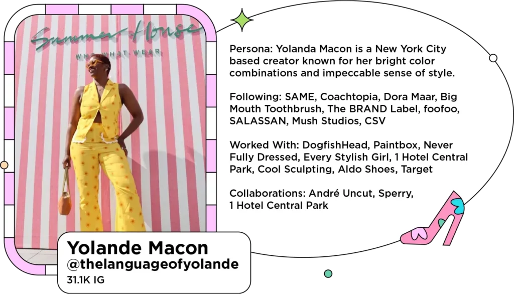 Smiling lifestyle influencer in matching yellow set next to text: Persona: Yolanda Macon is a New York City based creator known for her bright color combinations and impeccable sense of style.
Following: SAME, Coachtopia, Dora Maar, Big Mouth Toothbrush, The BRAND Label, foofoo, SALASSAN, Mush Studios, CSV
Worked With: DogfishHead, Paintbox, Never Fully Dressed, Every Stylish Girl, 1 Hotel Central Park, Cool Sculpting, Aldo Shoes, Target
Collaborations: André Uncut, Sperry, 1 Hotel Central Park
