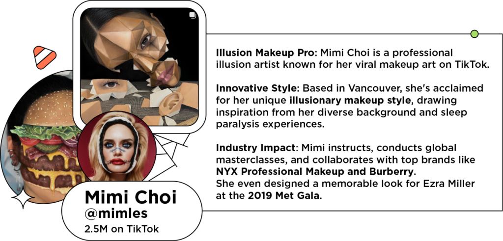 Halloween influencers makeup creations next to text: Illusion Makeup Pro: Mimi Choi is a professional illusion artist known for her viral makeup art on TikTok.
Innovative Style: Based in Vancouver, she's acclaimed for her unique illusionary makeup style, drawing inspiration from her diverse background and sleep paralysis experiences.
Industry Impact: Mimi instructs, conducts global masterclasses, and collaborates with top brands like NYX Professional Makeup and Burberry. She even designed a memorable look for Ezra Miller at the 2019 Met Gala.