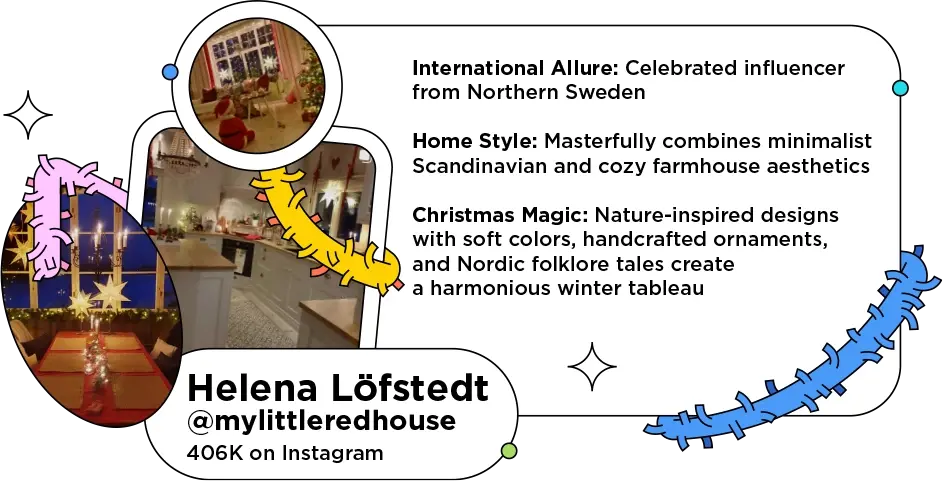 Three images of holiday decorated home (table, kitchen, living room) connected with graphic tinsel next to the text: International Allure: Celebrated influencer from Northern Sweden
Home Style: Masterfully combines minimalist Scandinavian and cozy farmhouse aesthetics
Christmas Magic: Nature-inspired designs with soft colors, handcrafted ornaments, and Nordic folklore tales create a harmonious winter tableau