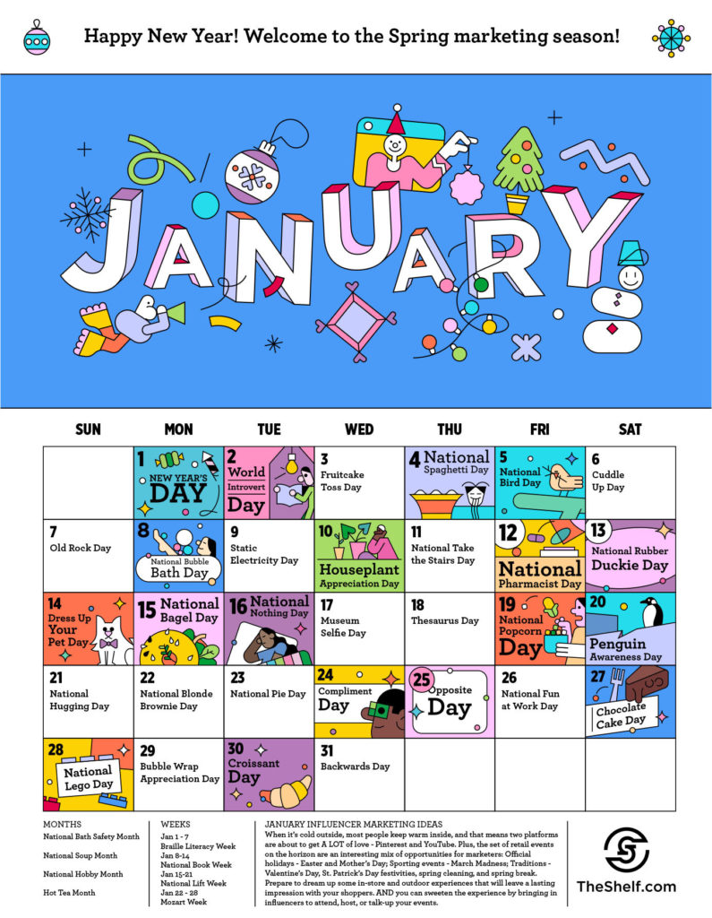 January social media calendar for 2024 with festive graphics and icons