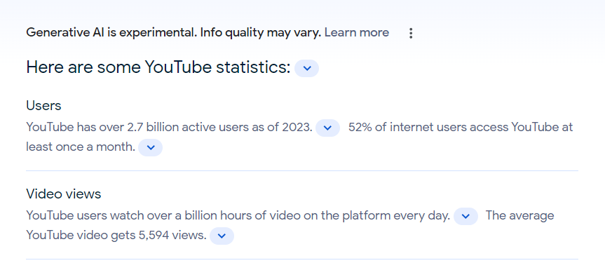 Google knowledge panel of YouTube statistics