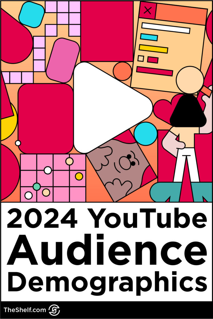 Colorful graphic with white video play button above text: 2024 YouTube Audience Demographics