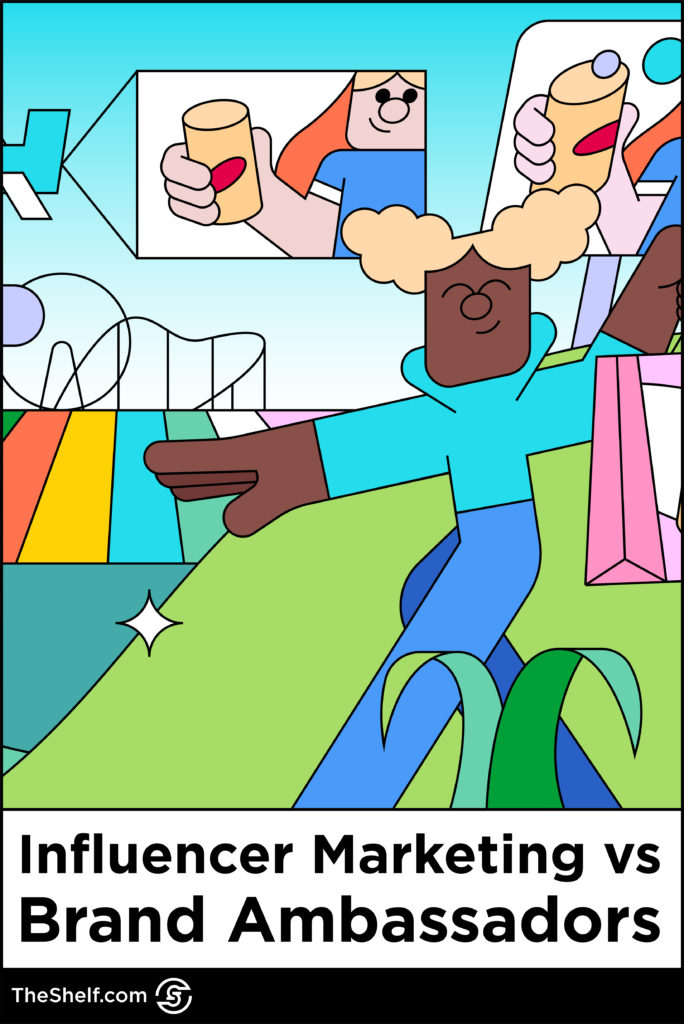 Graphic of character smiling with eyes closed with shopping bag thinking of another character displaying a product above the text: Influencer Marketing vs Brand Ambassadors