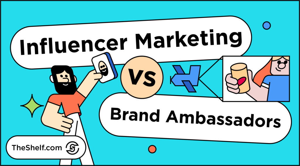 Graphic featuring character taking a selfie and another character holding a product next to the text: Influencer Marketing vs Brand Ambassadors