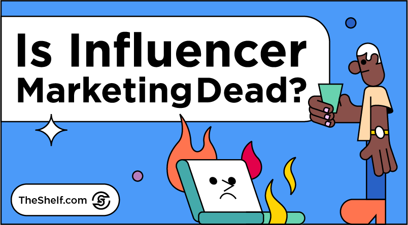Blue graphic featuring character holding cup looking down on frowning computer in flames under the text: Is Influencer Marketing Dead?