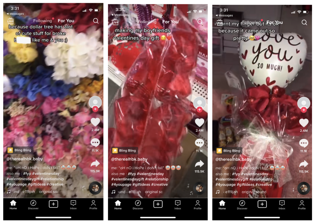 Three screenshots of a TikTok video featuring an influencer creating a DIY Valentine's Day gift