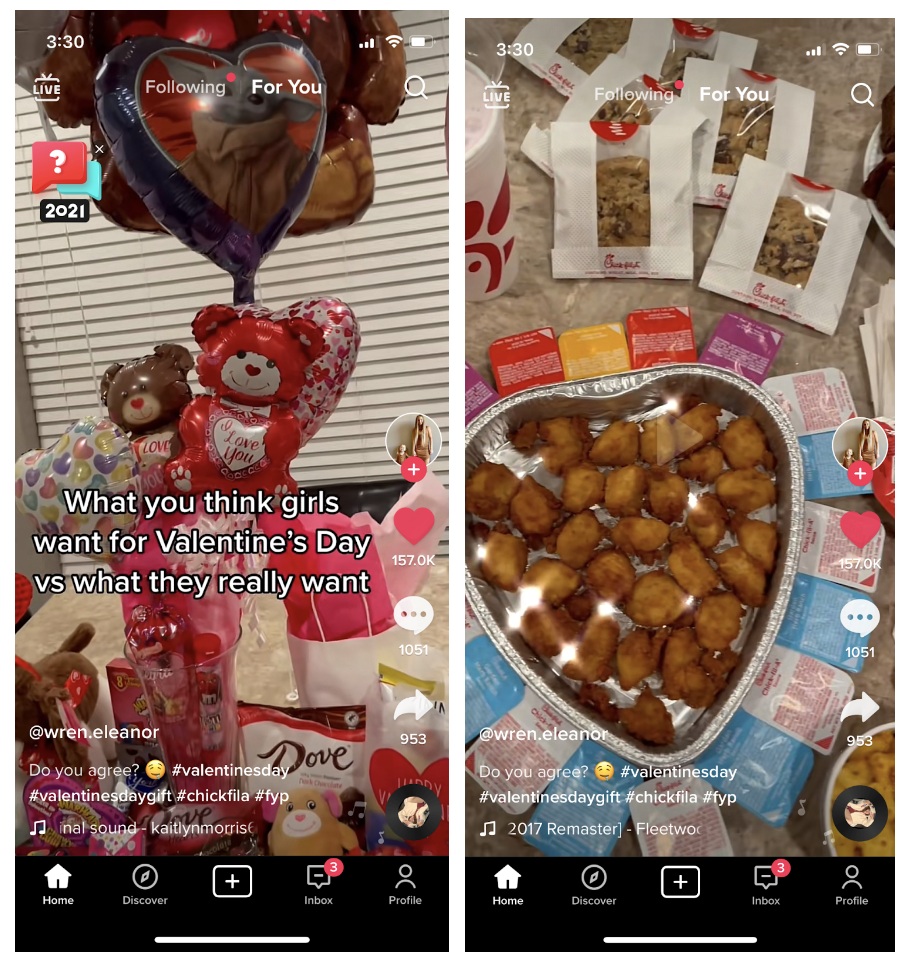 Side-by-side screenshots of a TikTok video in which an influencer jokes that "you think girls want" a bunch of candy and heart-shaped stuffed bears, but "what they reall want" is the Chick-fil-A Valentine's Day special