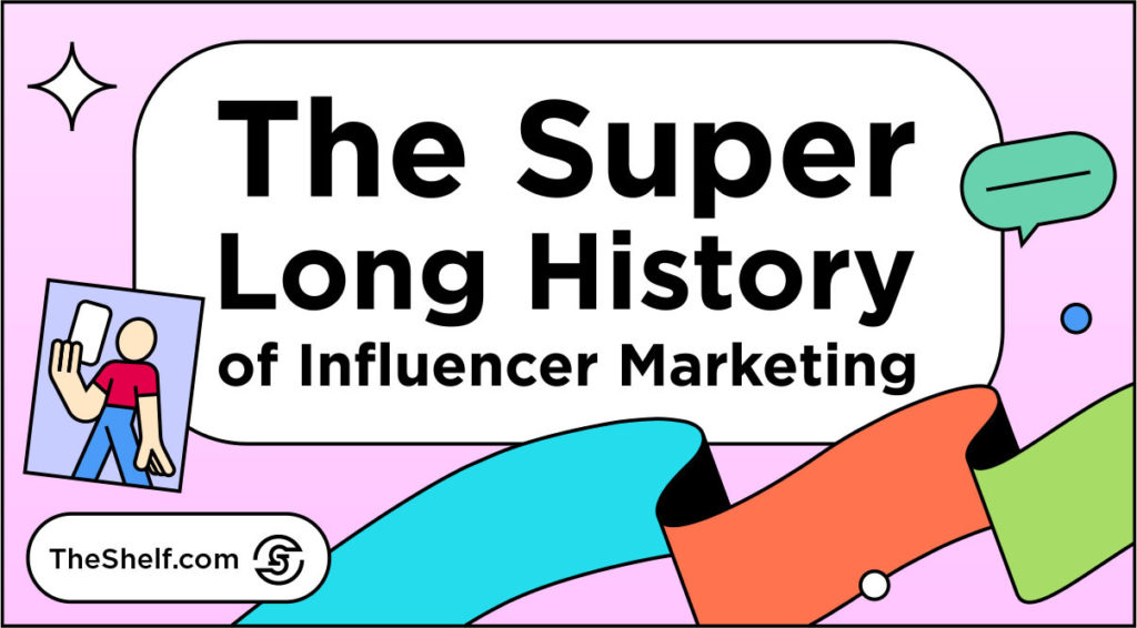 Pink graphic featuring character looking at smartphone next to text: The Super Long History of Influencer Marketing