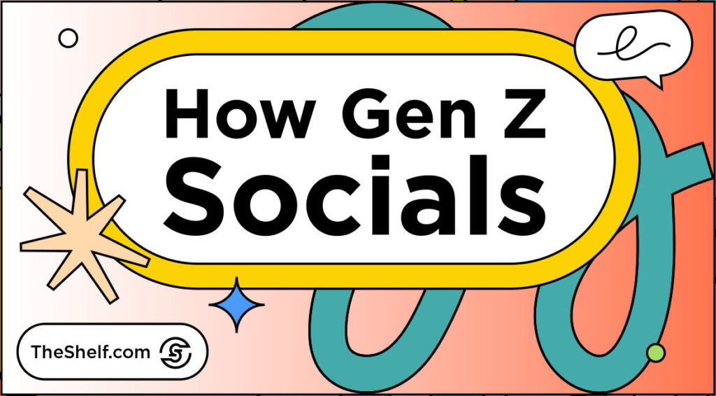Orange gradient graphic with green loopy icons, sparkles, and a speech bubble surrounding the text: How Gen Z Socials