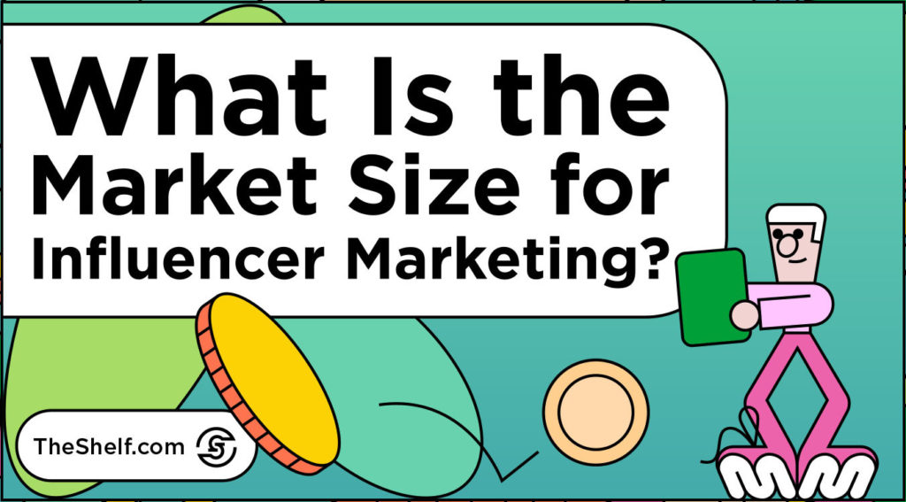 Green graphic featuring coin icons and character holding a smartphone next to text: What Is the Market Size for Influencer Marketing?