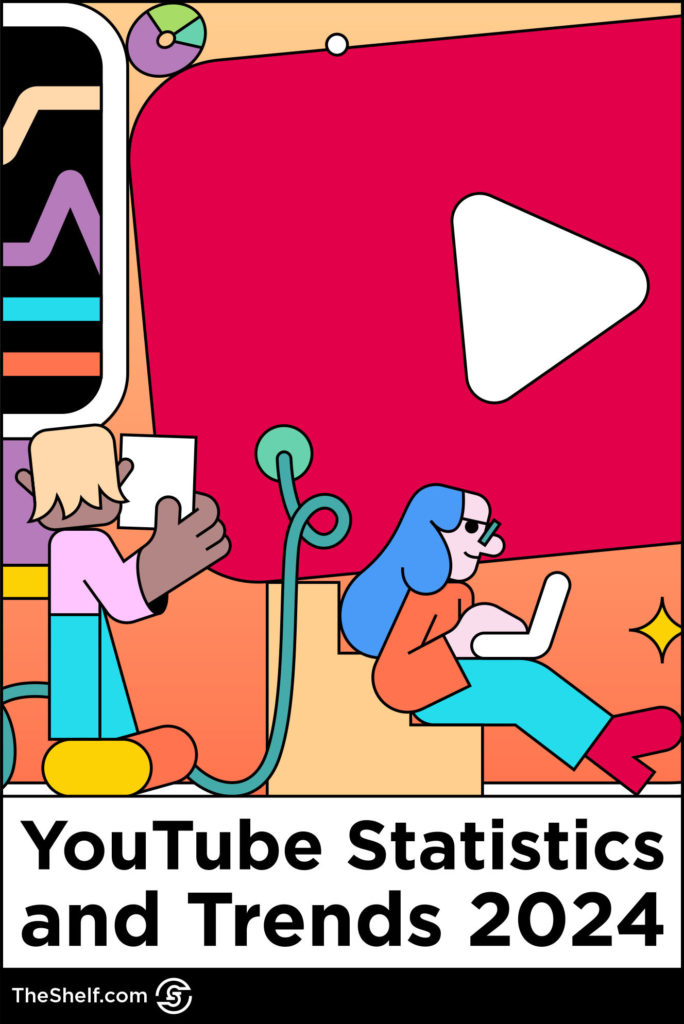 colorful graphic featuring YouTube play button logo and characters watching videos above the text: YouTube Statistics and Trends 2024