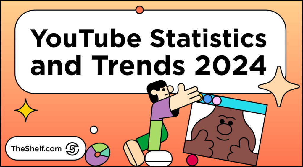 Orange graphic with character watching the video with title card reading: YouTube Statistics and Trends 2024 TheShelf.com