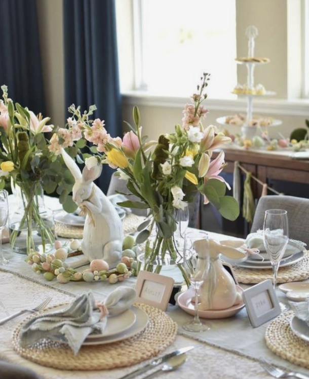 Easter marketing strategy example: Photo featuring a flower and ceramic bunny adorned tablescape