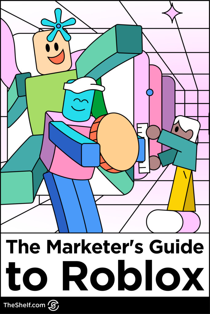 Image of robot and human characters smiling and exchanging a large coin above the text: The Marketer's Guide to Roblox