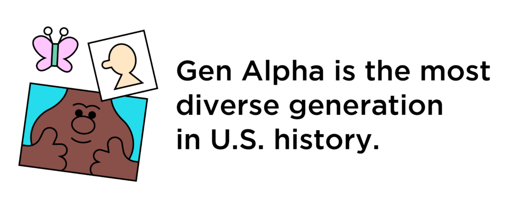 Icons of characters of different skin tones next to butterfly and text: Gen Alpha is the most diverse generation in U.S. history.