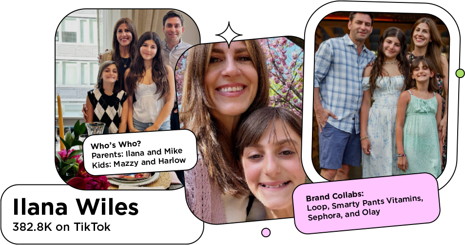 3 screenshots of Ilana Wiles and her family with the text:

Who’s Who? 
Parents: Ilana and Mike
Kids: Mazzy and Harlow

Brand Collabs:  Loop, Smarty Pants Vitamins, Sephora, and Olay