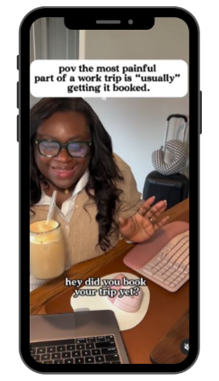 Screengrab of the Instagram Reel from creator Roxy Couse, everyone's favorite Millennial Manager at her desk talking through the vibe-changing benefits of using Engine to streamline business travel arrangements.