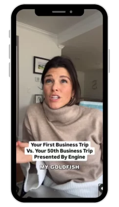 Screengrab of the Instagram Reel from creator Shannon Fiedler, booking the first business trip vs 50 business trip