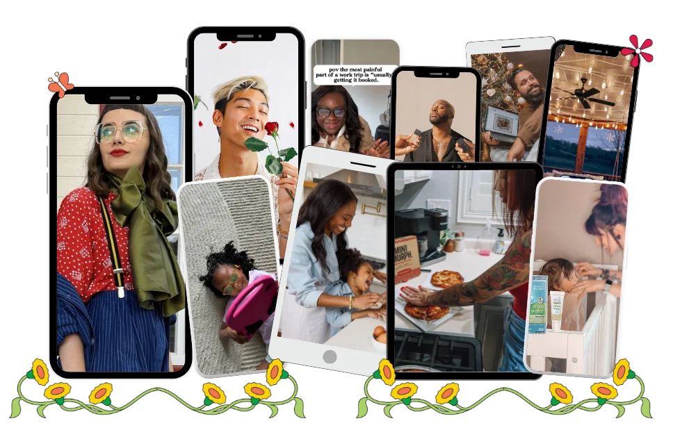 Mixed media collage of images from performance-driven influencer campaigns embellished by colorful line illustrations from The Shelf - Performance-Driven Influencer Marketing Case Studies