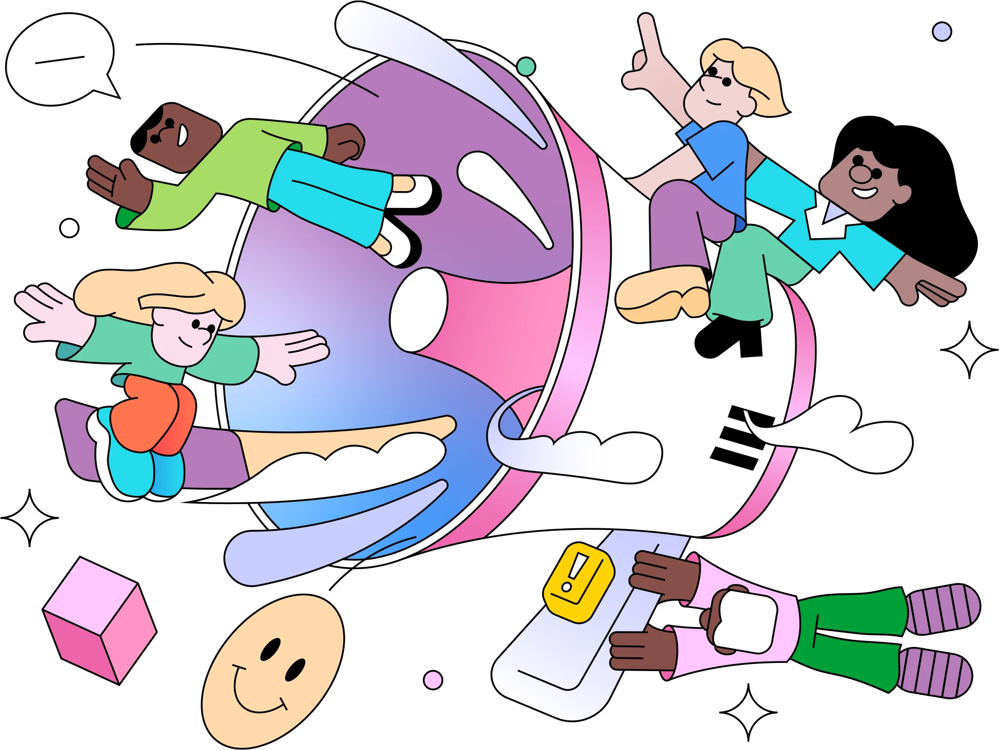 Colorful Illustration of poeple riding megaphone for brand awareness influencer marketing page by The Shelf a data first Influencer company