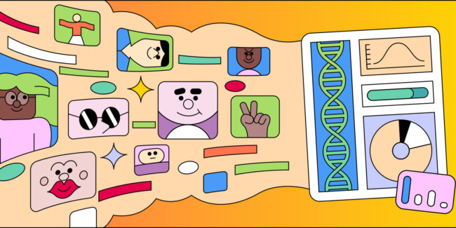 Illustration of diverse creators generating social content connected to analytics dashboards and data insights.