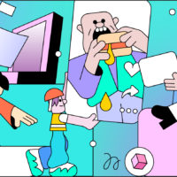 Illustration of an Instagram-style interface with cartoon influencers, representing creator marketing and social media trends.