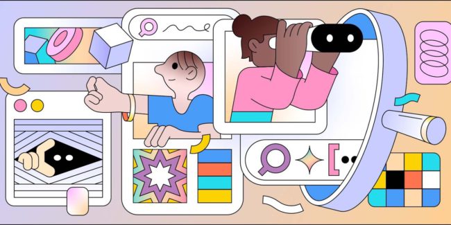 Illustration two characters coming out of social platforms.