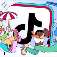 Illustration of a TikTok Shop storefront with creators holding products and customers scrolling through the app
