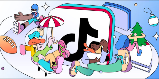 Illustration of a TikTok Shop storefront with creators holding products and customers scrolling through the app